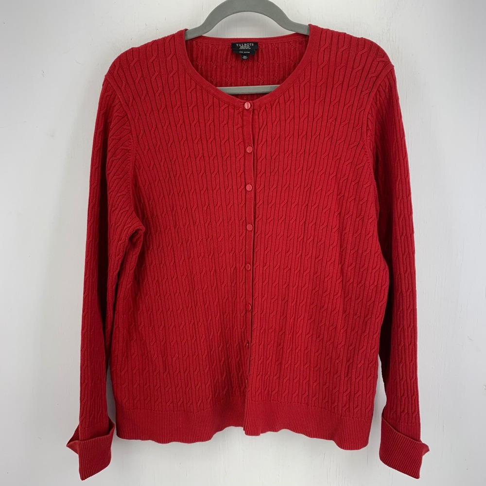 Talbots Red Pima Cotton Cable Knit Cardigan Sweater Woman Petites 3XP Casual